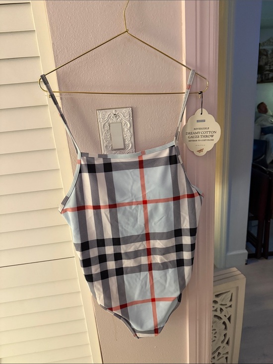 Burberry Other - Burberry Light Blue Plaid One-Piece Swimsuit with Black and Red Stripes